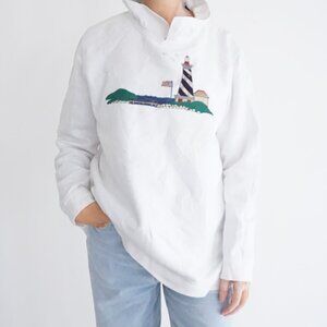 Vintage Lighthouse White Cotton Knit Coastal Scene Seagull Flag Shore Sweater XL